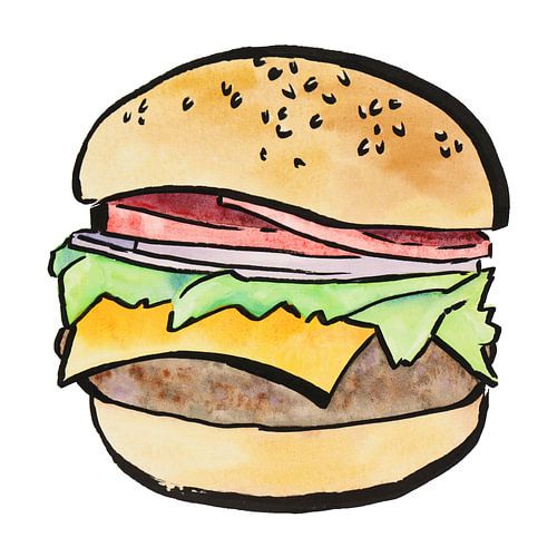Broodje hamburger (realistisch aquarel schilderij vlees voedsel kaas brood snackbar fastfood lekker)