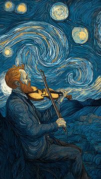 Illustration « Starry Night Violin Dreamscape » (Rêve nocturne étoilé au violon) sur Aden Pink Studio