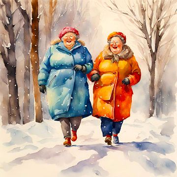 2 gezellige dames wandelen in de winter van De gezellige Dames
