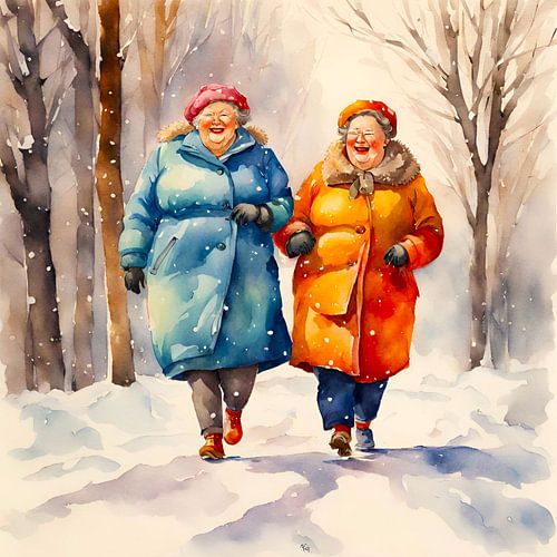2 gezellige dames wandelen in de winter