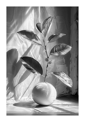 Minimalist black and white image of a lemon with leaves