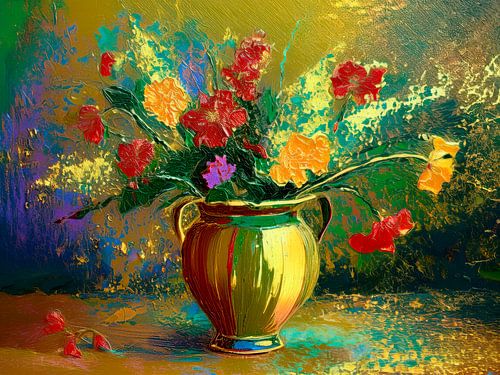 Zeitloses Stillleben: Bunter Blumenstrauß in goldfarbener Vase von Studio Pieternel