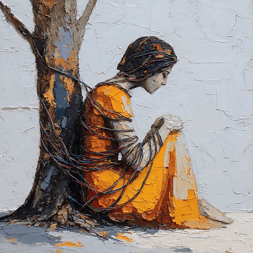 Surreale emotionale Verschmelzung von Mensch und Natur: Ein Baum wächst durch den Körper – abstrakte Kunst