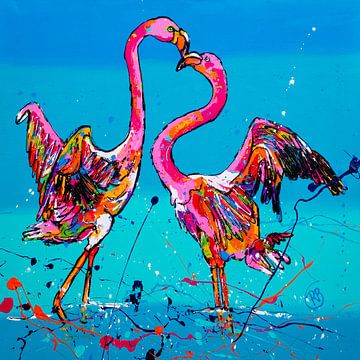 Dansende Flamingo's van Happy Paintings