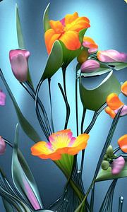Stilleben mit Blumen IX - orange-rosa mit Blättern und Stängeln von Lily van Riemsdijk - Art Prints with Color