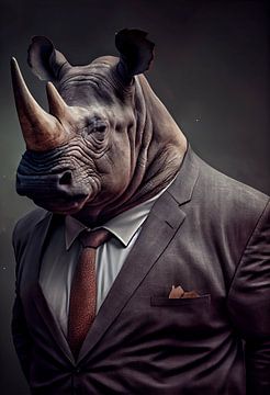 Stattlich stehendes Porträt eines Nashorns in einem Anzug von Maarten Knops