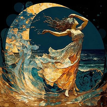 Dansende vrouw bij de zee met opkomende maan van Jan Bechtum