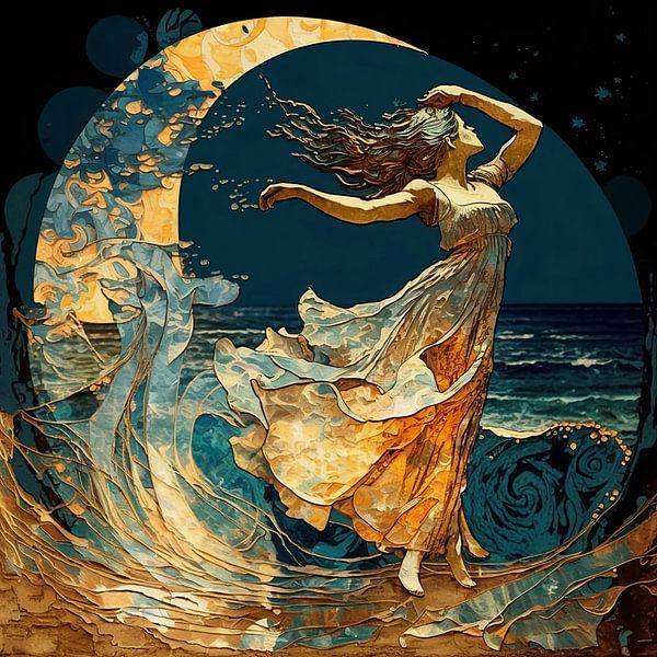 Tanzende Frau am Meer bei aufgehendem Mond von Jan Bechtum