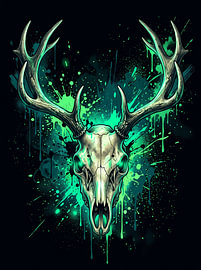Mystischer Hirschschädel mit Geweih – Waldwächtergeist – Dynamische grafische Illustration von The Deeper Way