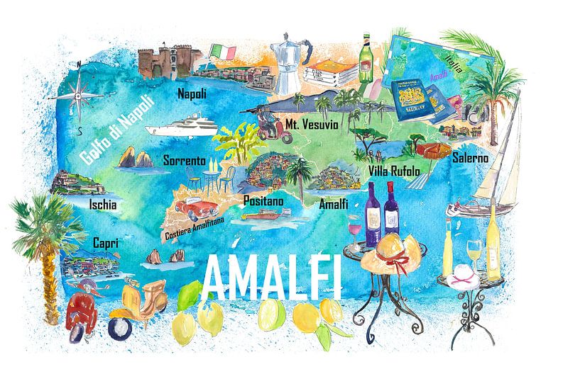Amalfi Italien Illustrierte Mittelmeer-Reisekarte mit Highlights des Golfs von Neapel von Markus Bleichner