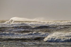 Storm met zon op de branding in avondlicht