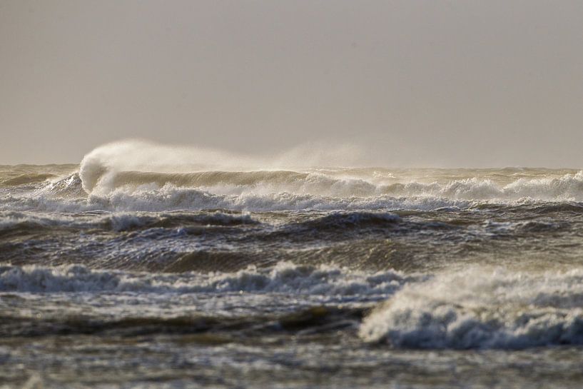 Storm met zon op de branding in avondlicht van Menno van Duijn