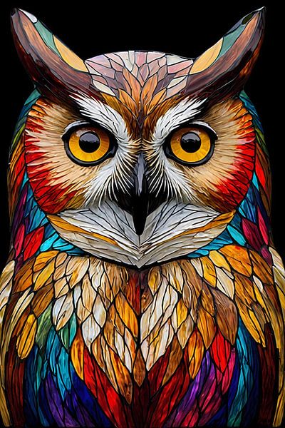 Bunte Eule im Glasmalereistil von Art & Soul Creations