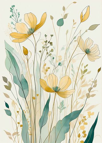 Elegante illustratie van botanische bloemen in pastelkleuren met minimalistische bladeren van hisam colours