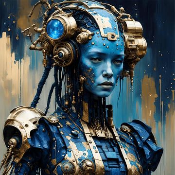 Cyborg portrait in donker blauw en goud van Anouk Maria