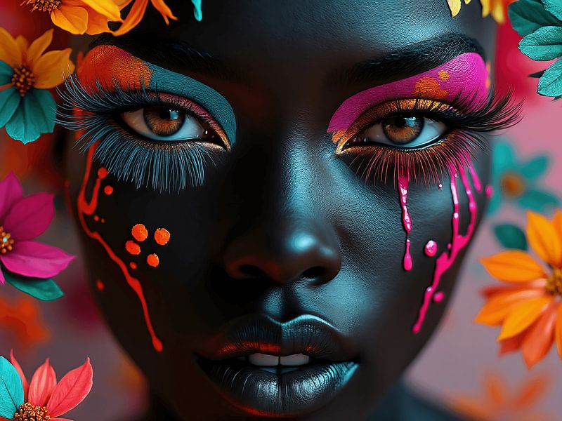 Surrealistisch portret van een donkere vrouw met veel kleur van The Photo Artist