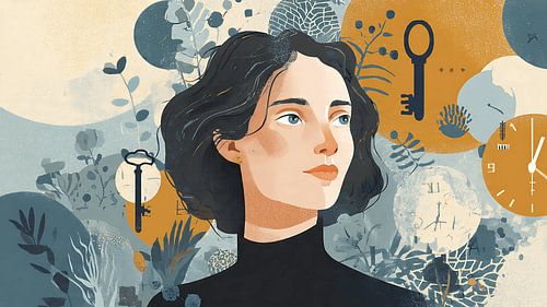 Zwevende sleutels en klokken Surrealistisch portret