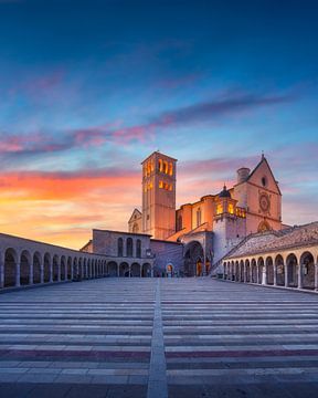 Basilica of Saint Francis of Assisi at Sunset – Umbria, Italy by Stefano Orazzini