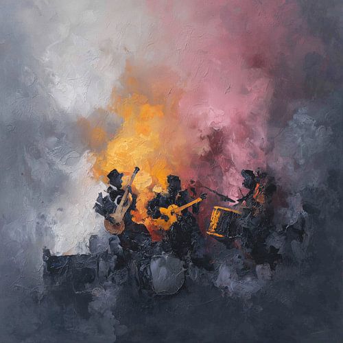 Abstracte muzikanten grijs-geel-roze