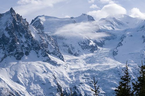 Mont-Blanc (rechts) und die Aiguille du Midi (links).