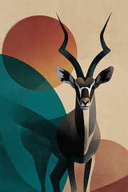 Antilope in einer abstrakten Landschaft mit warmen Retro-Farben von Eva Lee