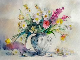 Pastel-coloured flower painting: Spring bouquet on vase.