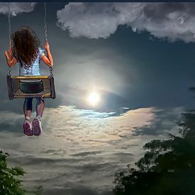 Sprookje, meisje op schommel en volle maan van Mario Dekker-Janssen