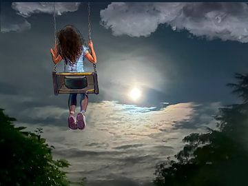 Sprookje, meisje op schommel en volle maan van Mario Dekker-Janssen