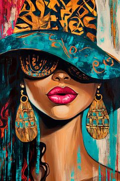 Stylish woman with hats and large earrings by Poster Art Shop