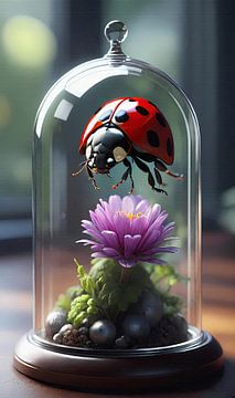 Floating ladybird in bell jar by Maud De Vries