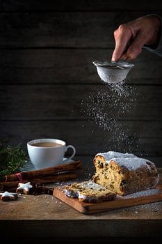 christmas cake, in germany christstollen is sprinkled with icing sugar, coffee cup, spices and cinna