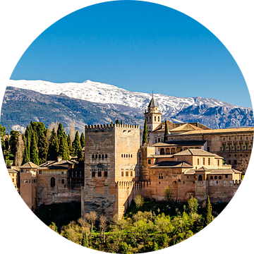 Panorama Stad Kasteel van de Moren Alhambra in Granada Spanje met Sneeuw van de Sierra Nevada van Dieter Walther