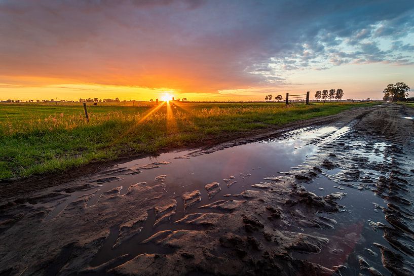 sunset over a wet dirt road by Yorben  de Lange