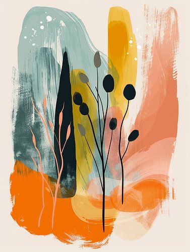 Moderne en abstracte vormen met botanische elementen in pastelkleuren