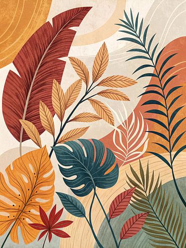 Tropisch bladerdek en abstracte vormen