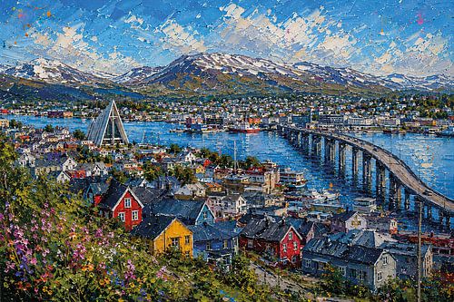 Tromsø in Noorwegen, een impressionistisch schilderij.