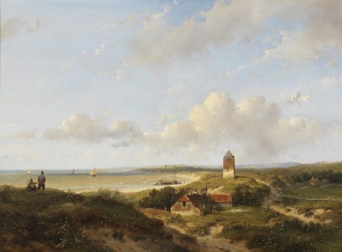Een vuurtoren en visserswoningen in de duinen, in de verte de zee, Andreas Schelfhout