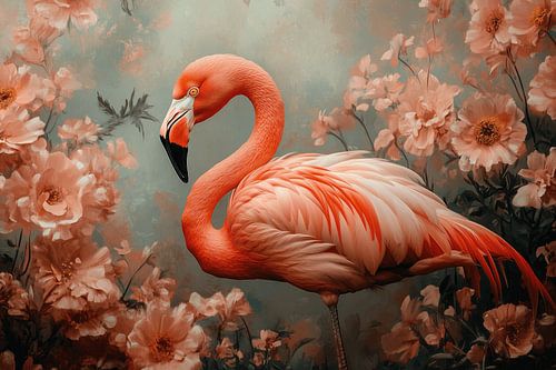 Flamingo in Romantic Flower Garden