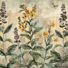 Neue ländliche, digitale Collage von Blumen mit einem Schmetterling. von Studio Allee