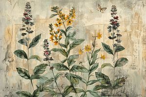Nieuw landelijk, digitale collage van bloemen met een vlinder. van Studio Allee