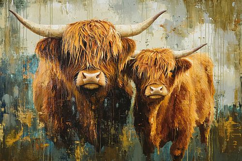 Twee Schotse hooglanders schilderij