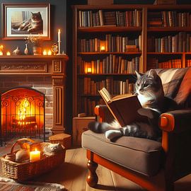 Un chat lit un livre sur Tatjana Korneeva