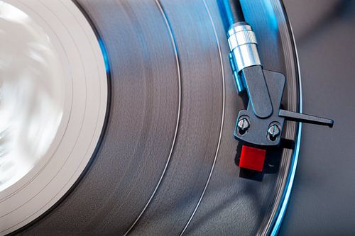 Close-up of a record player with the needle on an LP