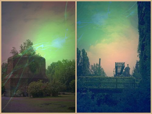 Alien landscapes collage in shades of pink and green