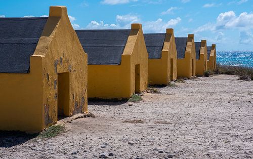 Okergele slavenhuisjes op het eiland Bonaire