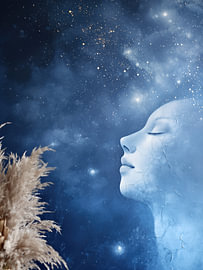 Celestial Aura - Conceptueel Vrouwen Portret in Profiel met Kosmische Mist en Goudstof