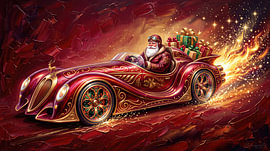 Father Christmas in a racing car – In a golden blaze of fire by AidasignArt