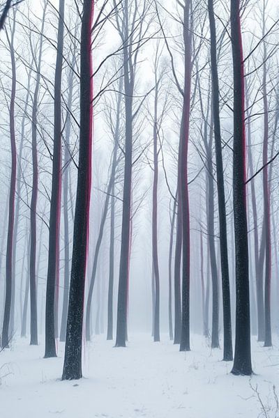 Murmures de l&#039;étreinte de l&#039;hiver : Un sentier forestier mystique à travers la neige et les teintes écarlates par Artistic