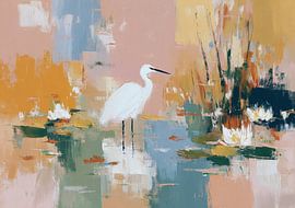 Witte reiger in de vijver met waterlelies