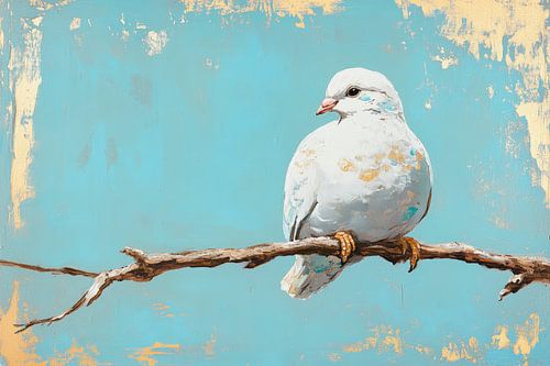 Witte duif op takken voor blauw